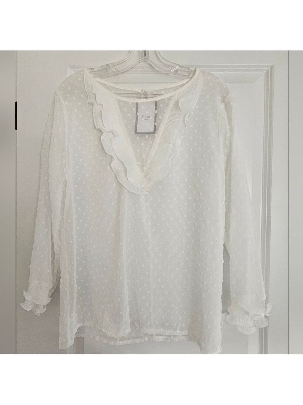 TRÏBE White Sheer Swiss Dot Ruffled Top Blouse 3/4 Sleeve Size Medium NWT - Picture 5 of 10
